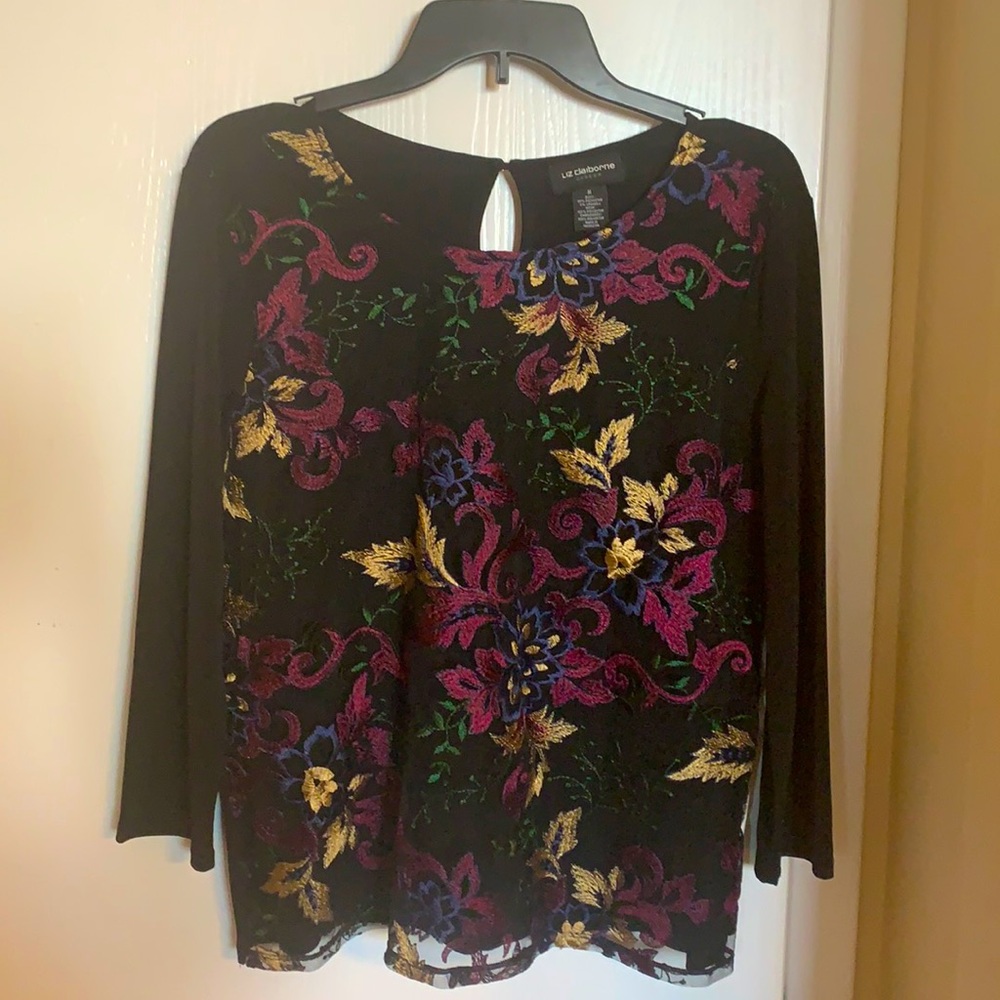 Liz Claiborne Black Top withColorful Embroidery